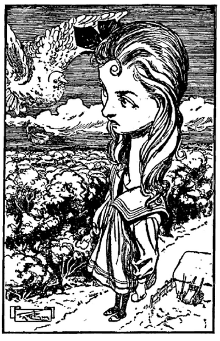 “A large pigeon had flown into her face” 
Woodcut by Thomas Heath Robinson
Lewis Carroll, _Alice's_Adventures_in_Wonderland_
(London: Collins, 1908)