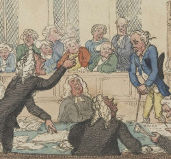 “Old Miseries: Being Nervous and Cross Examined by Mr. 
	Garrow,” etching 1808, (detail) Thomas Rowlandson, 
	The British Museum, #1869,0213.100